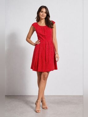 Le Chateau Red & White Polka Dot Dress Cap Sleeve Fit & Flare
